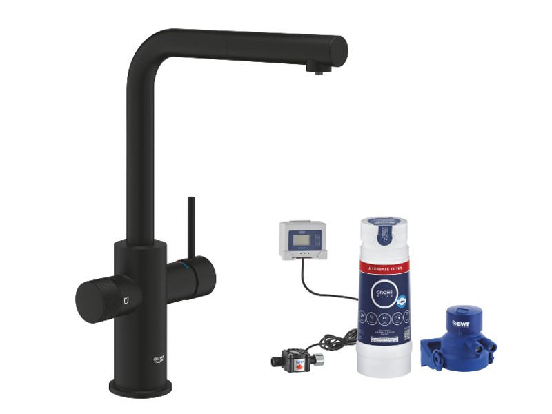 Grohe Baterie bucatarie grohe blue pure minta, inalta, tip l, dus extractabil, filtrare, mat, negru, 30590kf0-4st