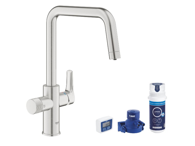Grohe Baterie bucatarie grohe blue pure start, inalta, tip u, filtrare, 3 cai, mat, otel satinat, 30595dc0-1st