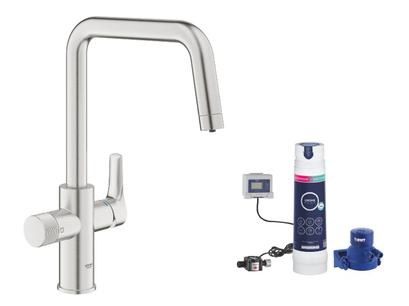 Grohe Baterie bucatarie grohe blue pure start, inalta, tip u, filtrare, 3 cai, mat, otel satinat, 30595dc0-2st