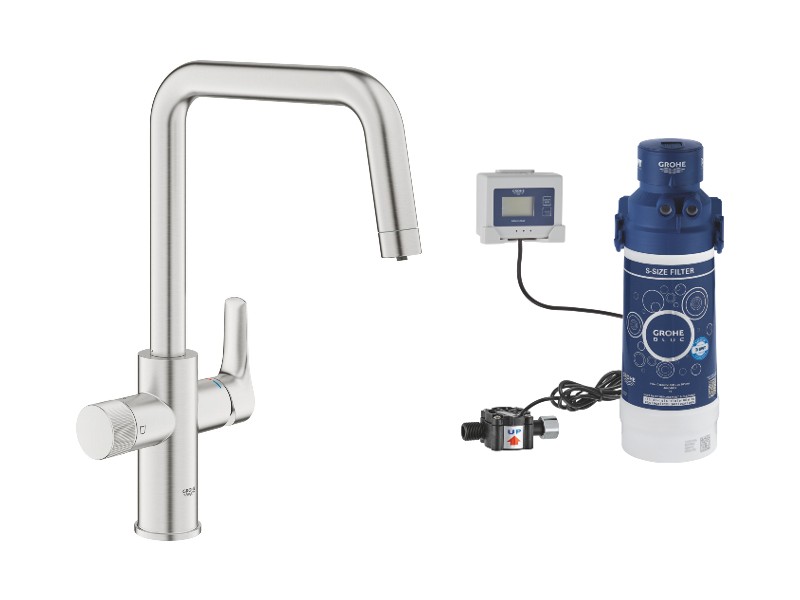 Grohe Baterie bucatarie grohe blue pure start, inalta, tip u, filtrare, 3 cai, mat, otel satinat, 30595dc0-3st