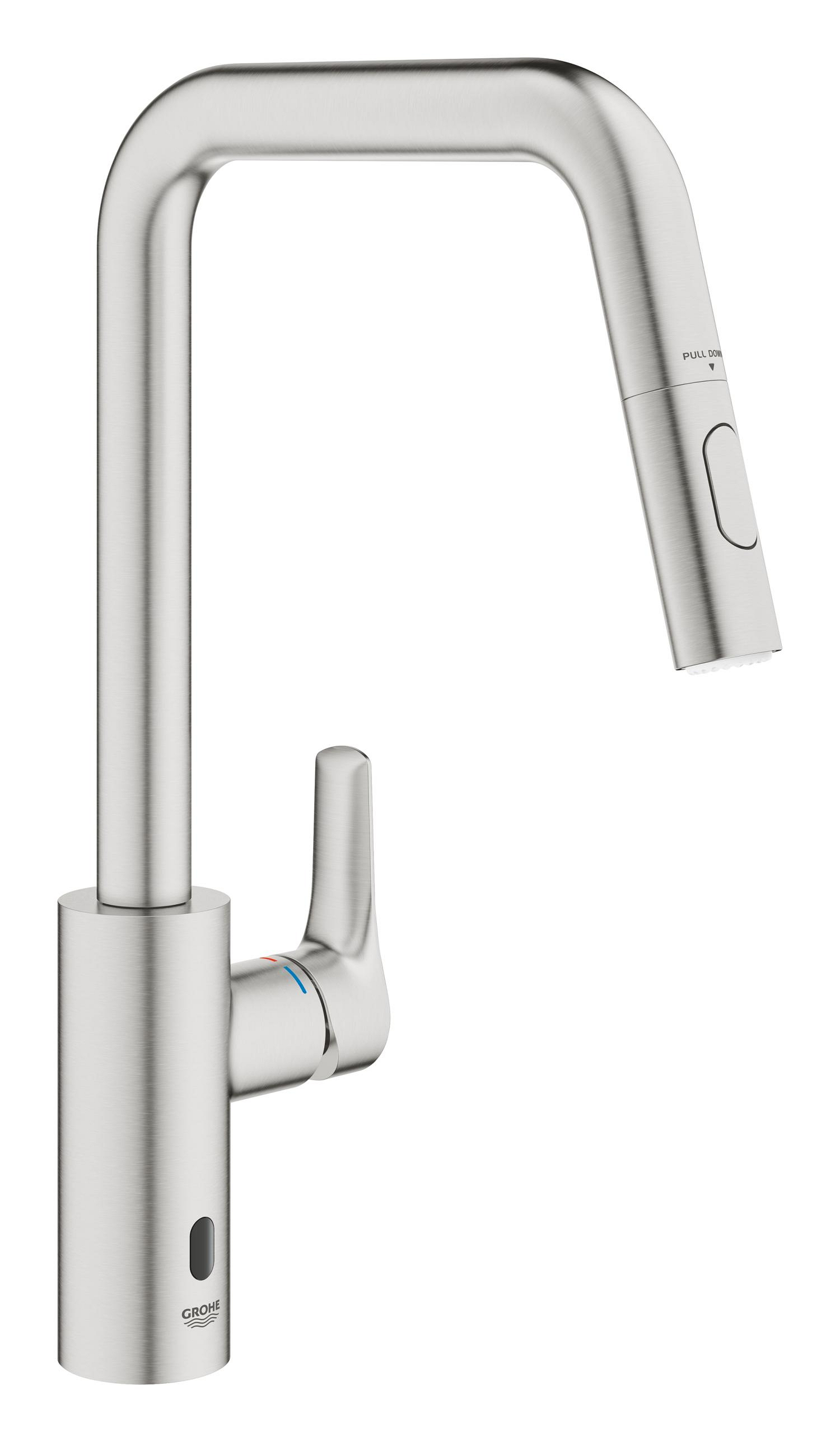 Grohe Baterie bucatarie grohe eurosmart, inalta, tip c, dus extractabil, mat, otel satinat, 101235dc00