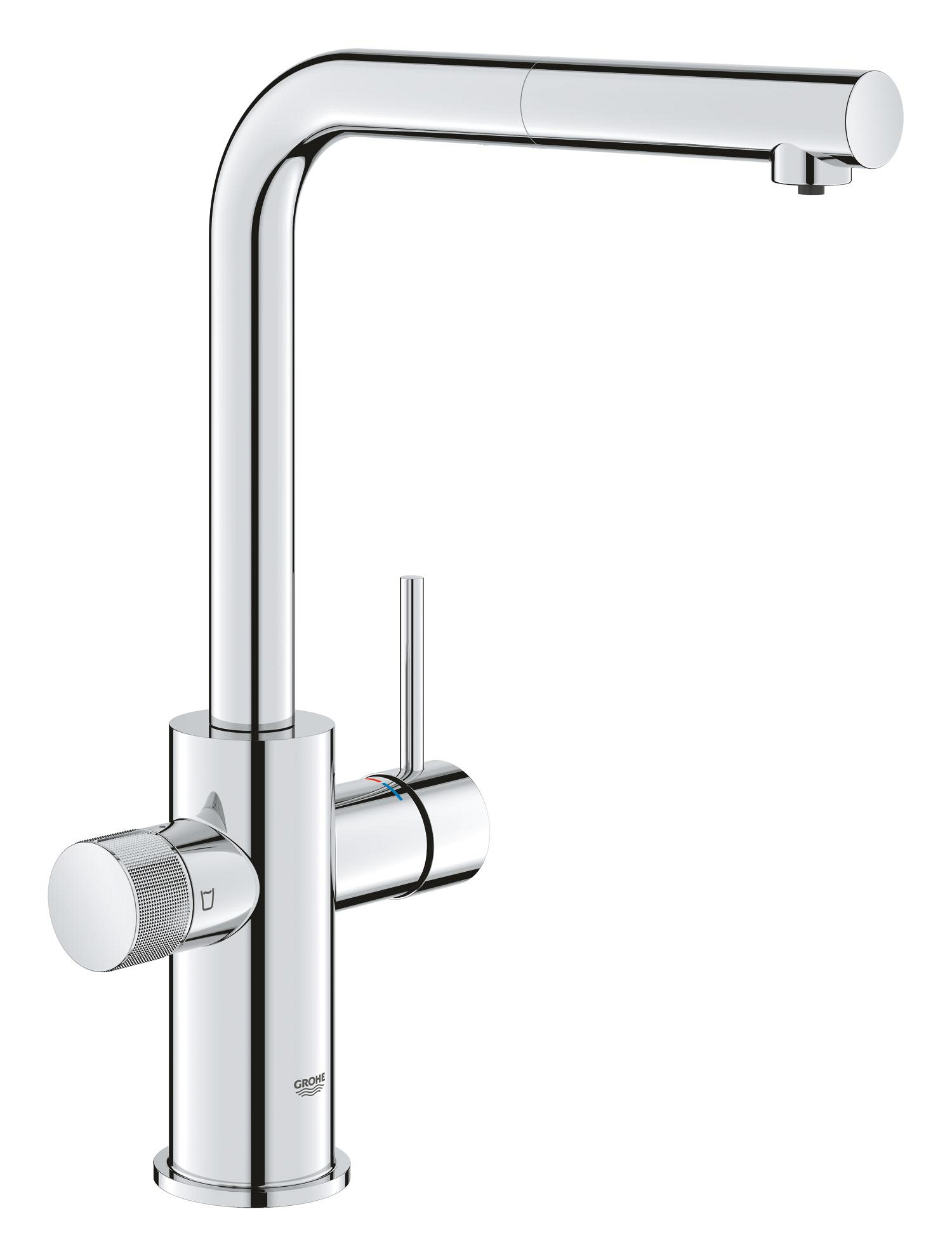 Grohe Baterie bucatarie grohe minta blue pure, inalta, tip l, dus, filtrare, necesita filtru, crom, 30590000