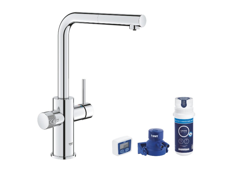 Grohe Baterie bucatarie grohe minta blue pure, inalta, tip l, dus, filtrare, necesita filtru, crom, 30590000-1st