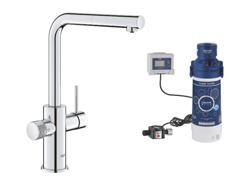 Grohe Baterie bucatarie grohe minta blue pure, inalta, tip l, dus, filtrare, necesita filtru, crom, 30590000-3st
