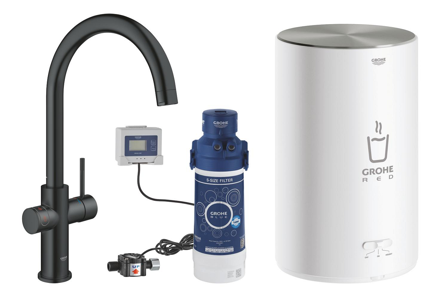 Grohe Baterie bucatarie grohe red, inalta, tip c, boiler m, filtru, mat, negru, 30083ks1