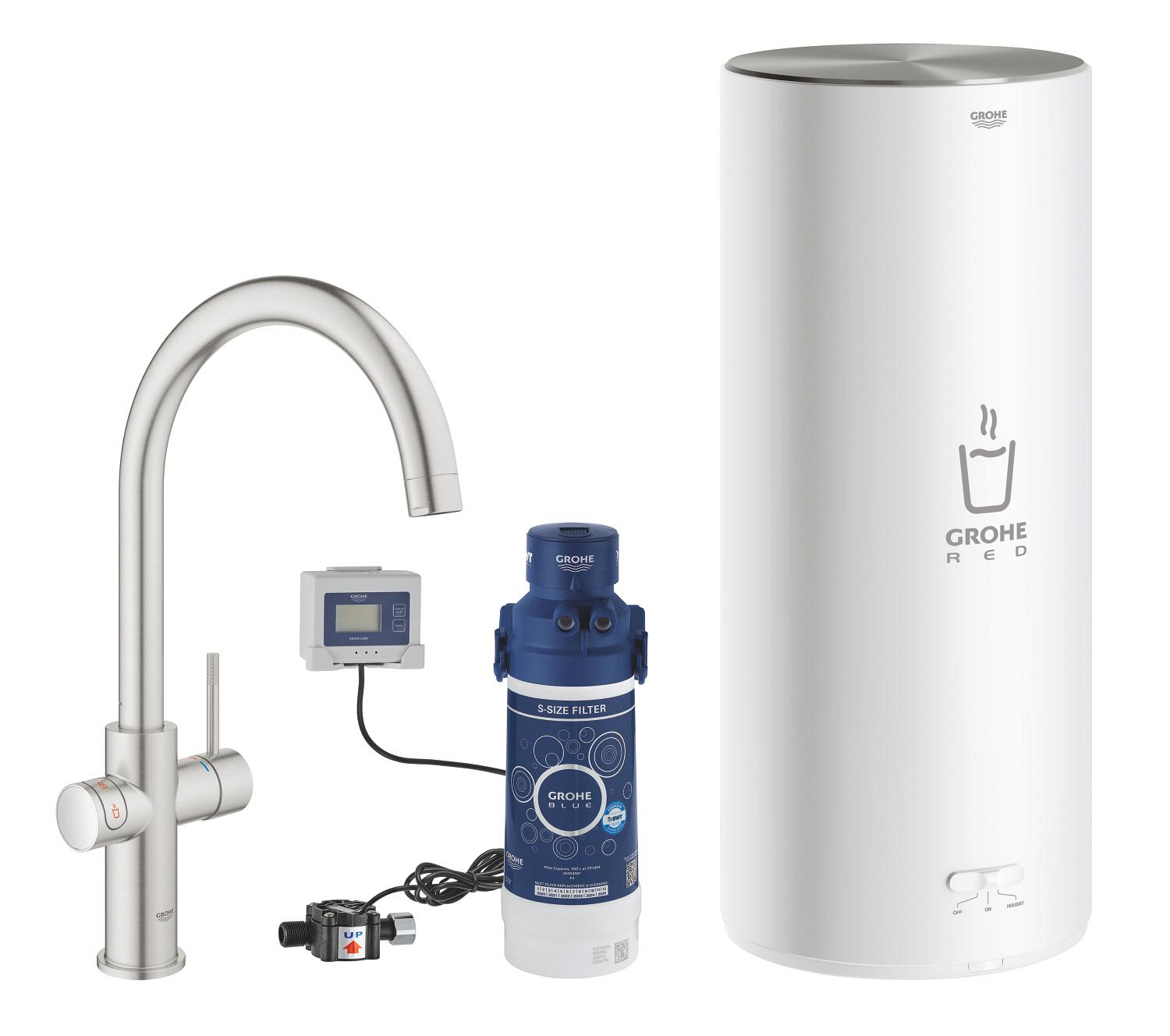 Grohe Baterie bucatarie grohe red, inalta, tip c, filtrare, boiler l, mat, otel satinat, 30079dc1