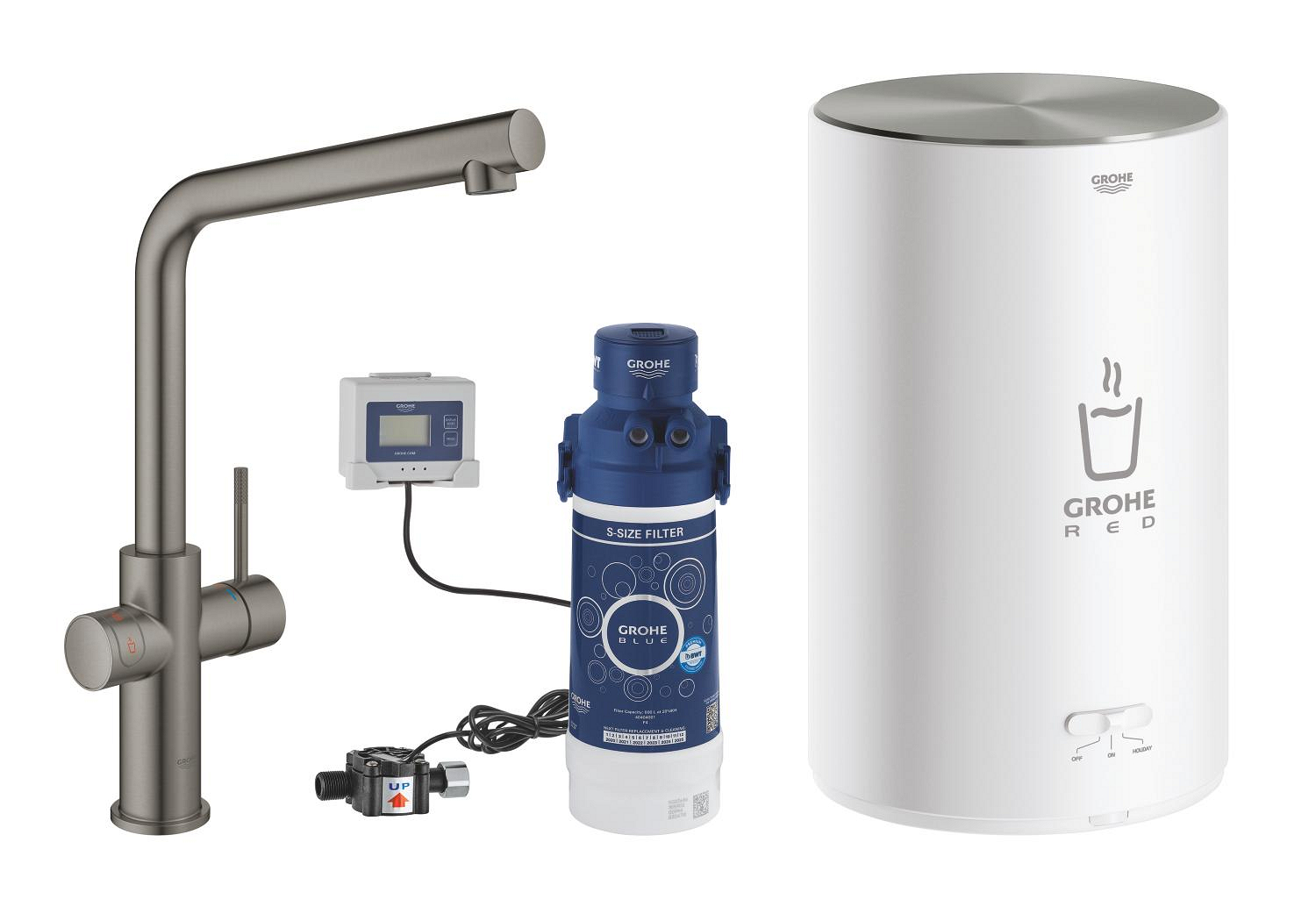Grohe Baterie bucatarie grohe red, inalta, tip l, boiler m, filtru, mat, grafit, 30327al1