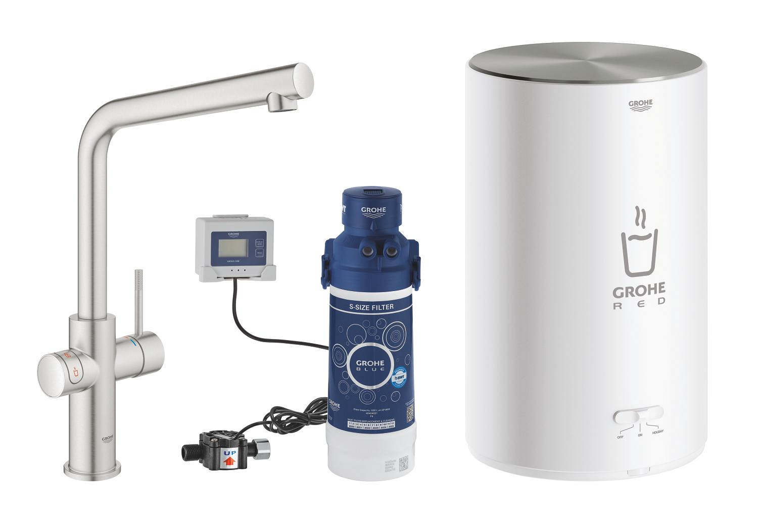 Grohe Baterie bucatarie grohe red, inalta, tip l, boiler m, filtru, mat, otel satinat, 30327dc1