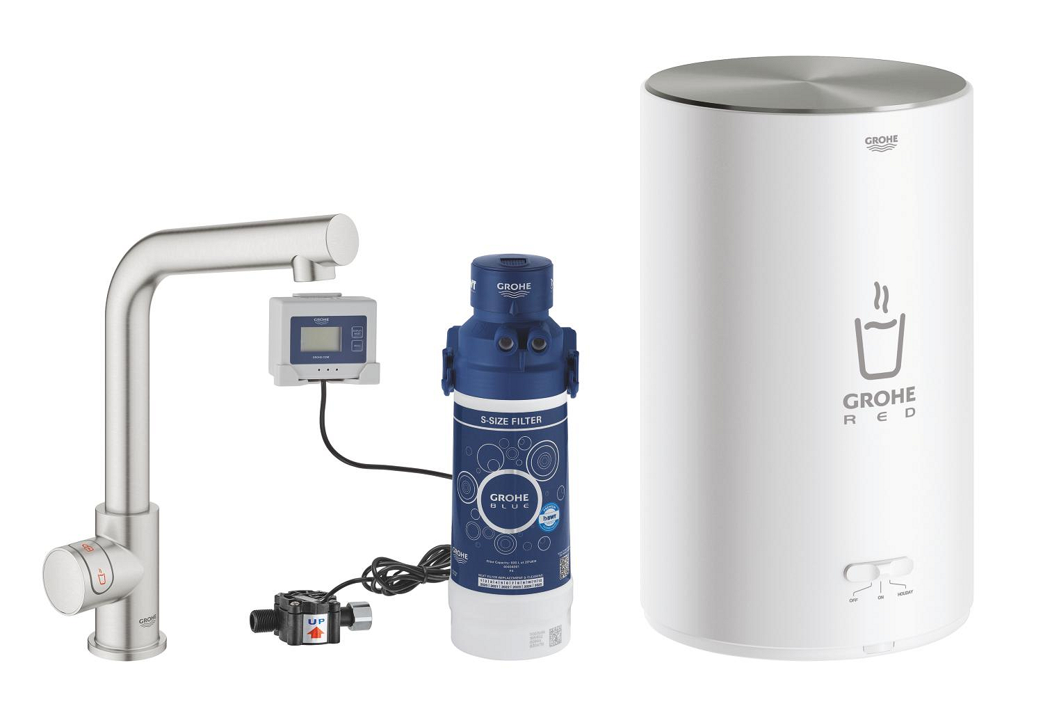 Grohe Baterie bucatarie grohe red mono, medie, tip l, boiler m, filtru, mat, otel satinat, 30339dc1