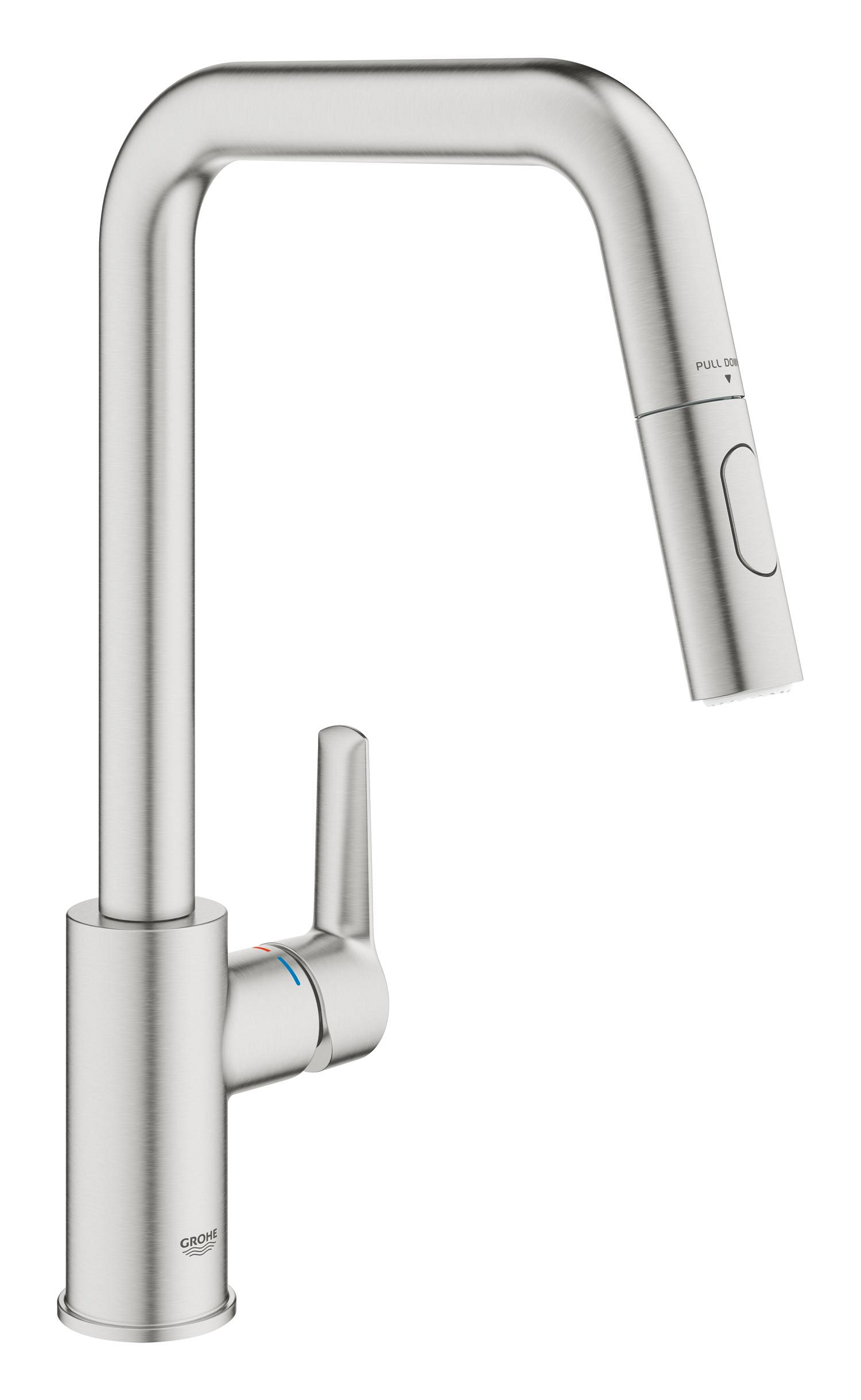 Grohe Baterie bucatarie grohe start, inalta, tip u, dus, 2 functii, mat, otel satinat, 30631dc0