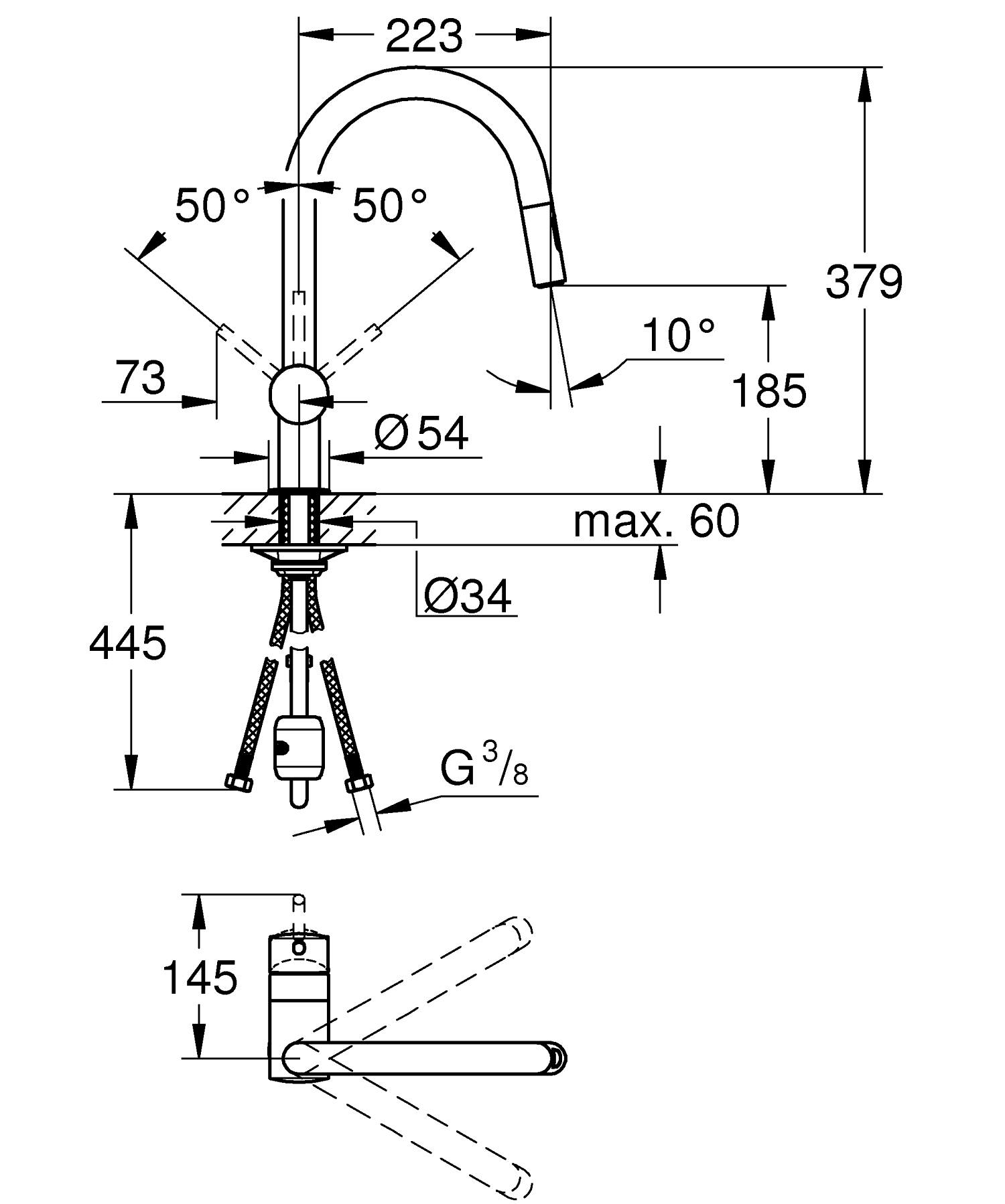 Baterie bucatarie Grohe 30438000, 1 bar, 379 mm, 223 mm, 1 orificii instalare, 2 sprayuri, 180 unghi pivotare, Crom