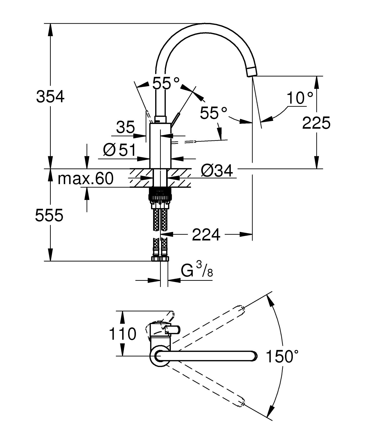 Baterie bucatarie Grohe 30431DC0, 1 bar, 354 mm, 224 mm, 1 orificii instalare, 1 sprayuri, Otel satinat