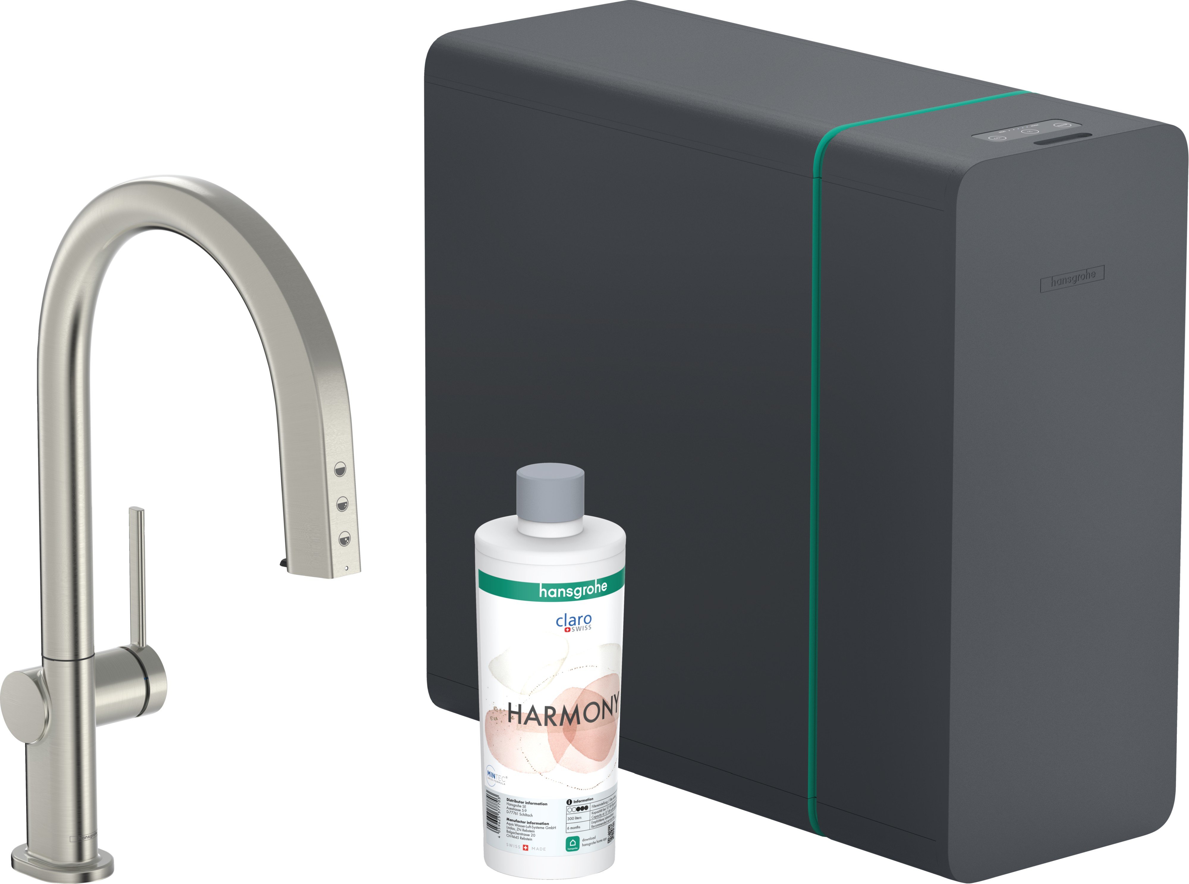 Hansgrohe Baterie bucatarie hansgrohe aqittura 76836800, inalta, tip c, dus, filtrare, racire, apa carbogazoasa, sbox, mat, otel