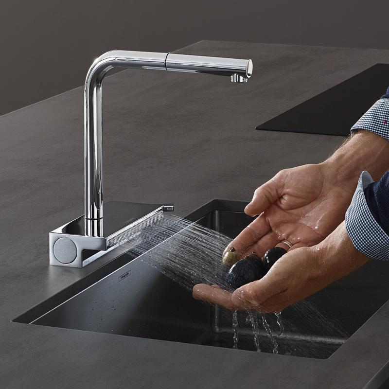 Hansgrohe Baterie bucatarie hansgrohe m81 73830000, inalta, tip l, dus, waterfall, sbox, crom