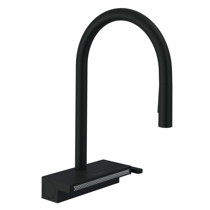 Hansgrohe Baterie bucatarie hansgrohe m81 73831670, inalta, tip l, dus, waterfall, sbox, mat, negru