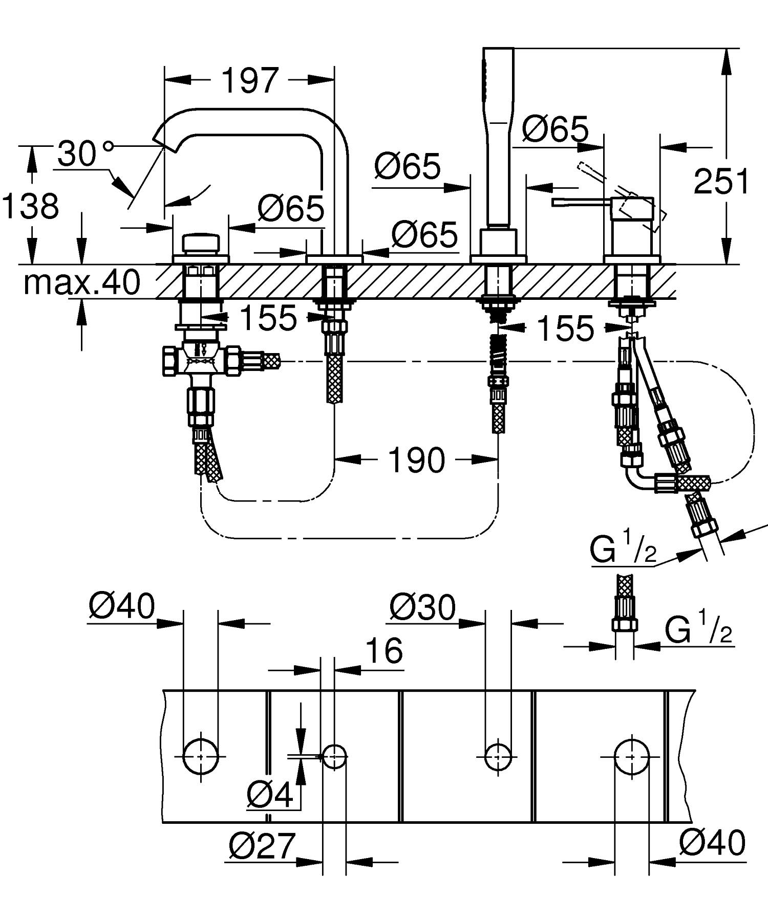 Baterie cada Grohe 25251001, 1 bar, 28 mm, 2 m, 251 mm, 480 mm, 197 mm, 4 orificii instalare, 1 functii para dus, Crom