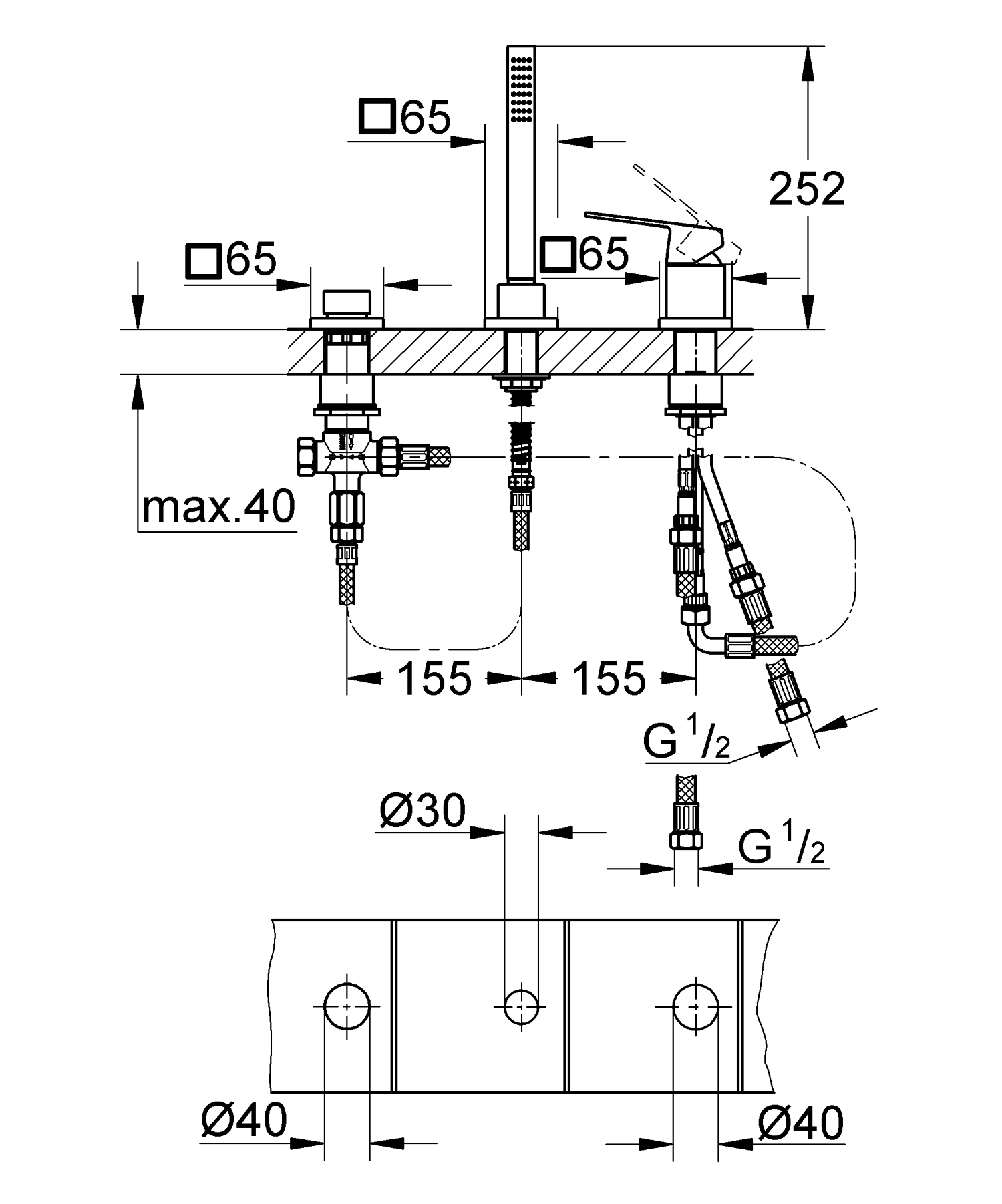 Baterie cada Grohe 19966000, 1 bar, 45 mm, 2 m, 252 mm, 310 mm, 3 orificii instalare, 1 functii para dus, Crom