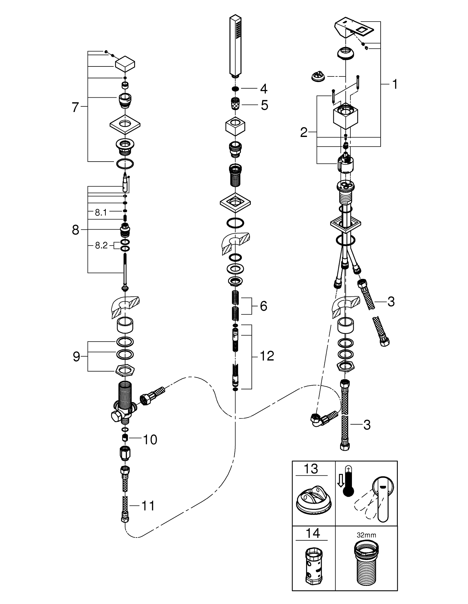 Baterie cada Grohe 19966000, 1 bar, 45 mm, 2 m, 252 mm, 310 mm, 3 orificii instalare, 1 functii para dus, Crom