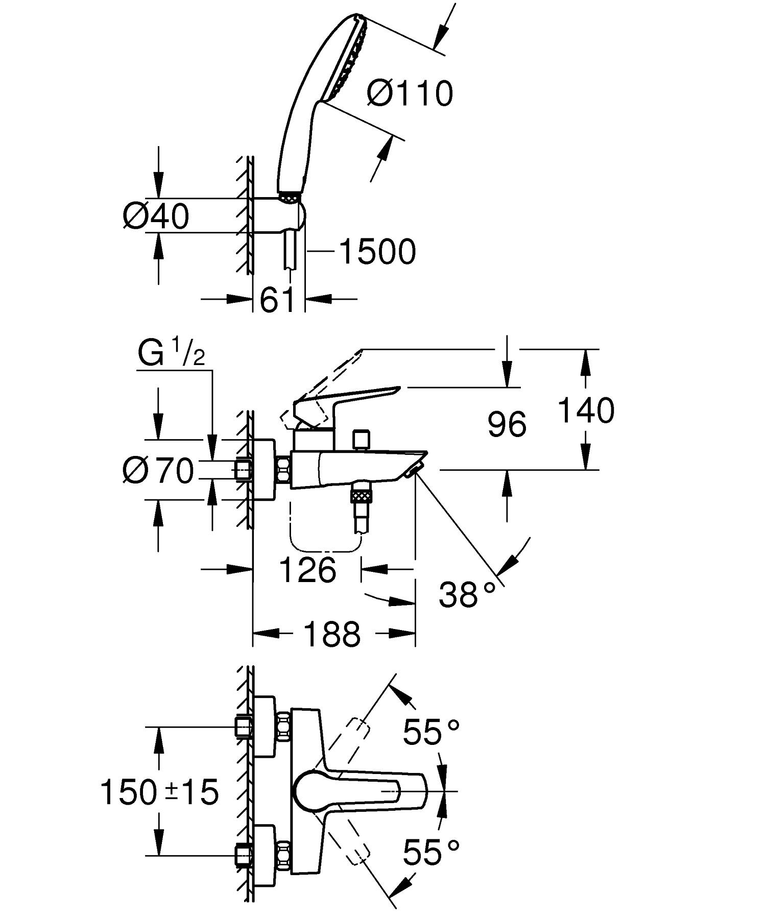 Baterie cada Grohe 25276003, Eurosmart, montaj pe perete, tip incastra