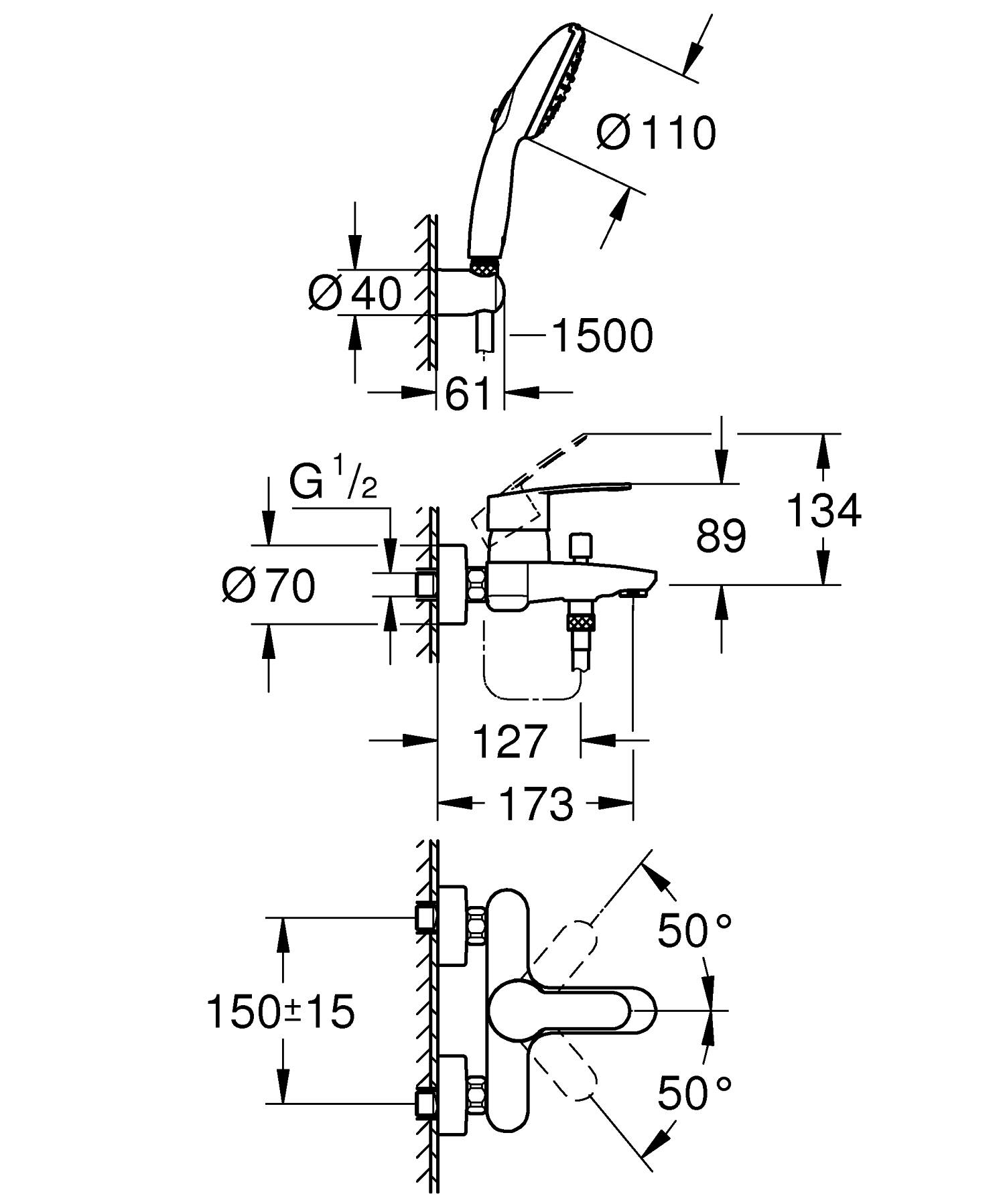 Baterie cada Grohe 25275002, 1 bar, 110 mm, 1.5 m, 225 mm, 173 mm, 44 mm, 2 orificii instalare, Crom