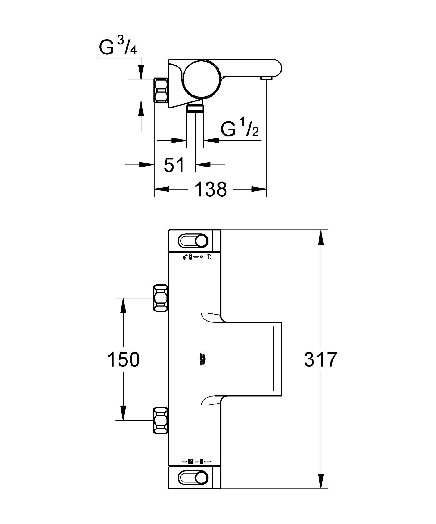 Baterie cada Grohe 34484001, Grohtherm 2000 New, montaj pe perete, com