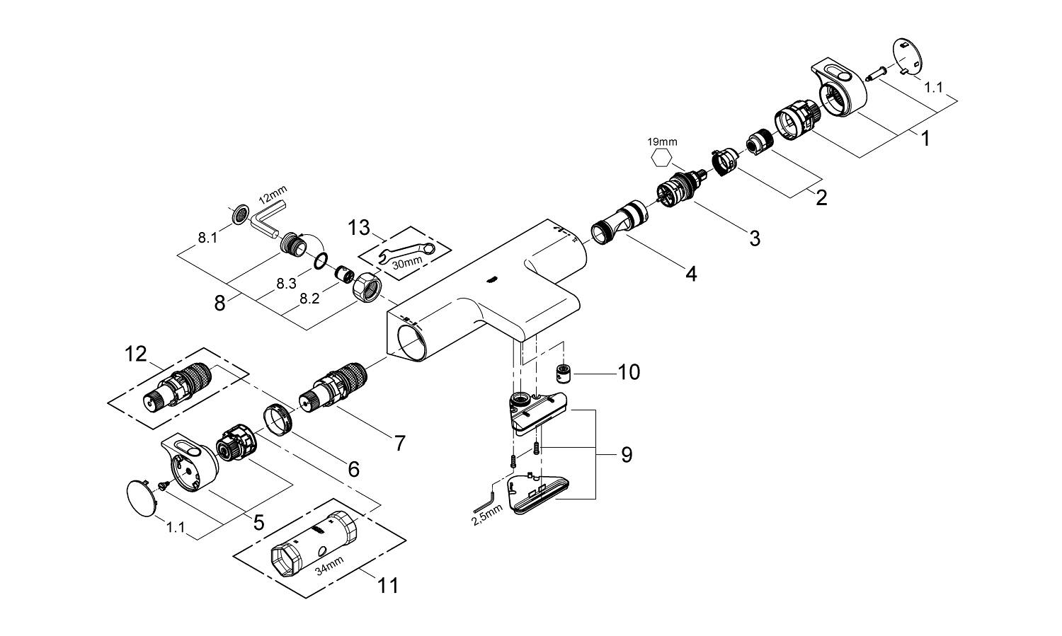 Baterie cada Grohe 34484001, Grohtherm 2000 New, montaj pe perete, com