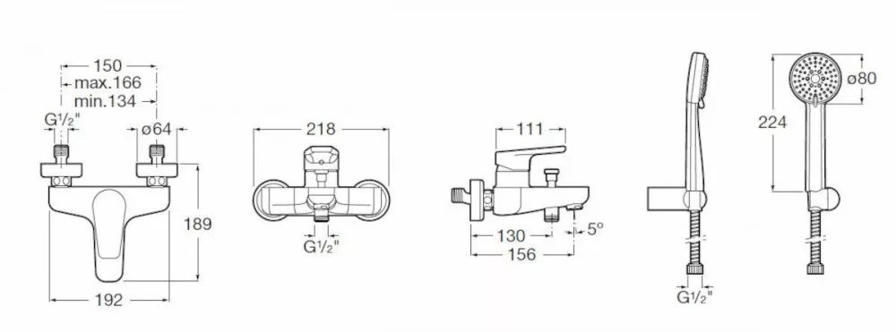 Baterie cada Roca A5A011BC0K, 0.8 bar, 80 mm, 1.7 m, 189 mm, 218 mm, 156 mm, 2 orificii instalare, Crom
