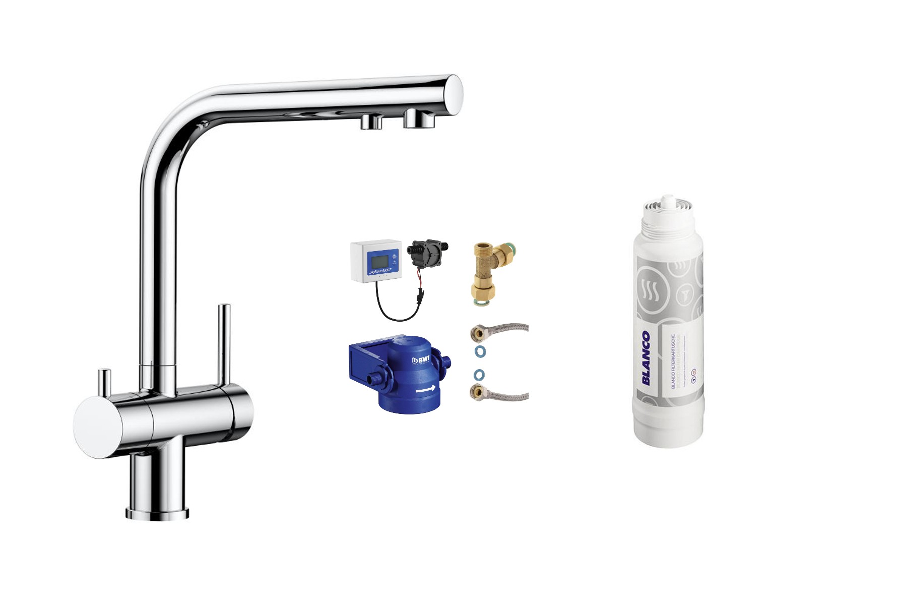 Blanco Baterie de bucatarie blanco fontas ii 523128, 3/8'', pipa inalta, tip l, filtrare apa, pivotanta, filtru 1800 l, crom