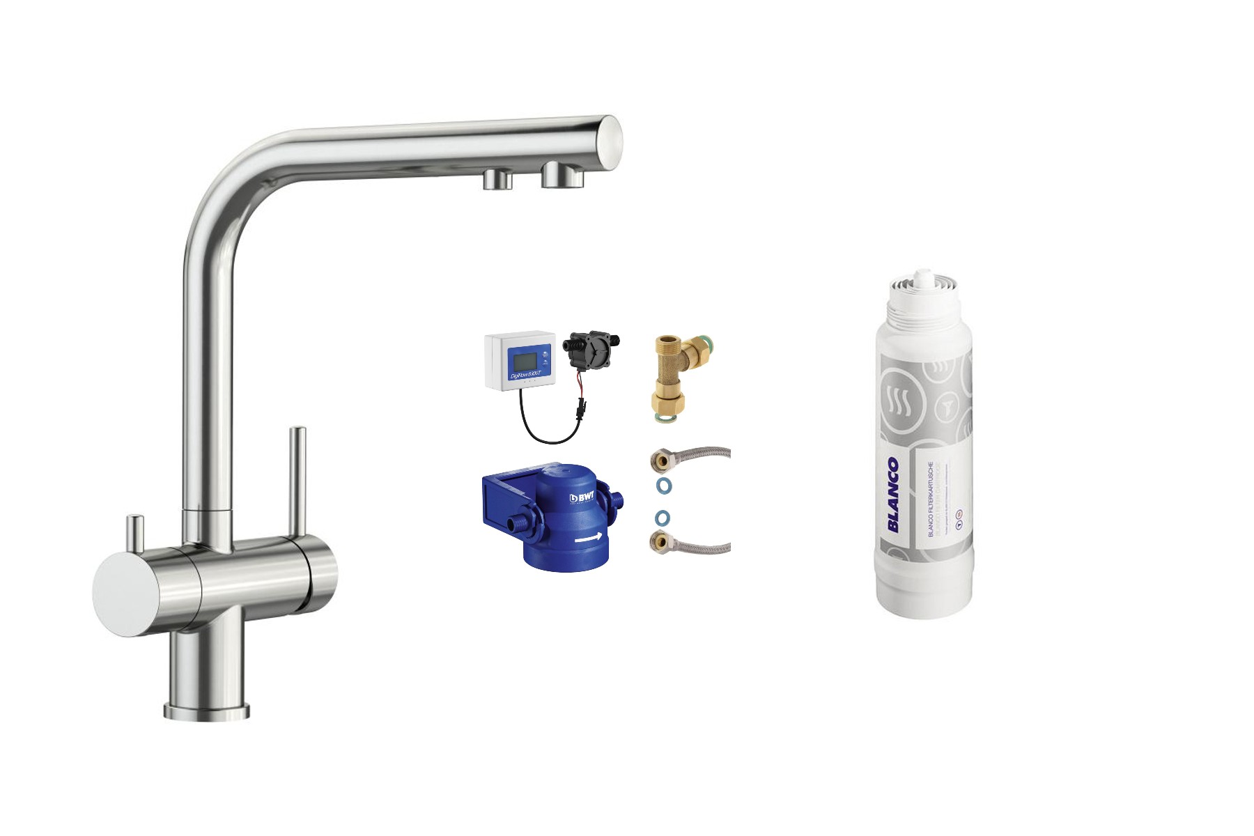 Blanco Baterie de bucatarie blanco fontas ii 523129, 3/8'', pipa inalta, tip l, filtrare apa, pivotanta,filtru 1800 l, mat, inox