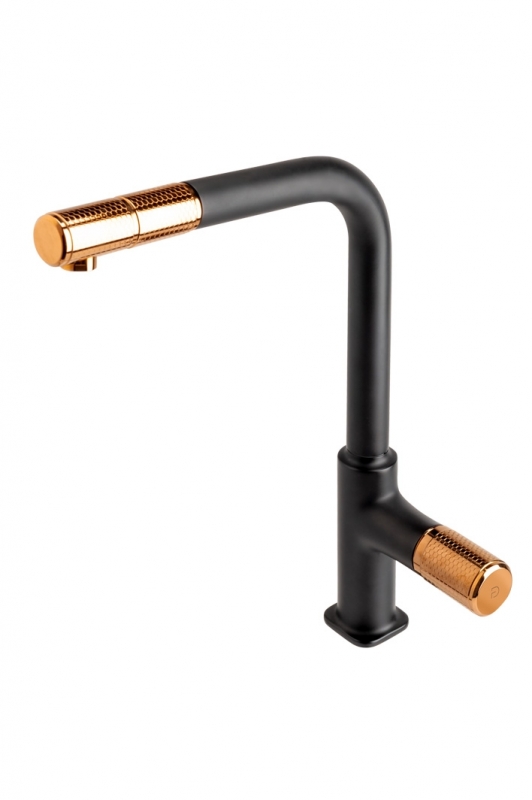 FDesign Baterie de bucatarie fdesign ardesia fd1-ard-8-25, 3/8'', pipa inalta, tip l, dus extractabil, pivotanta, mat, negru /