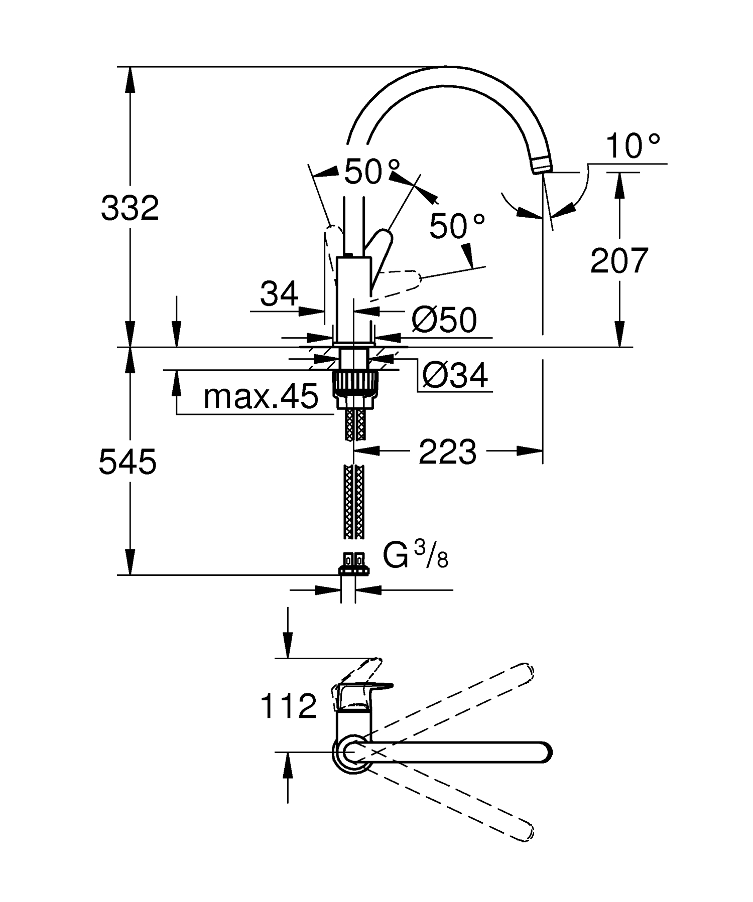 Baterie bucatarie Grohe 31536001, bucatarie BauCurve, tip comanda mono