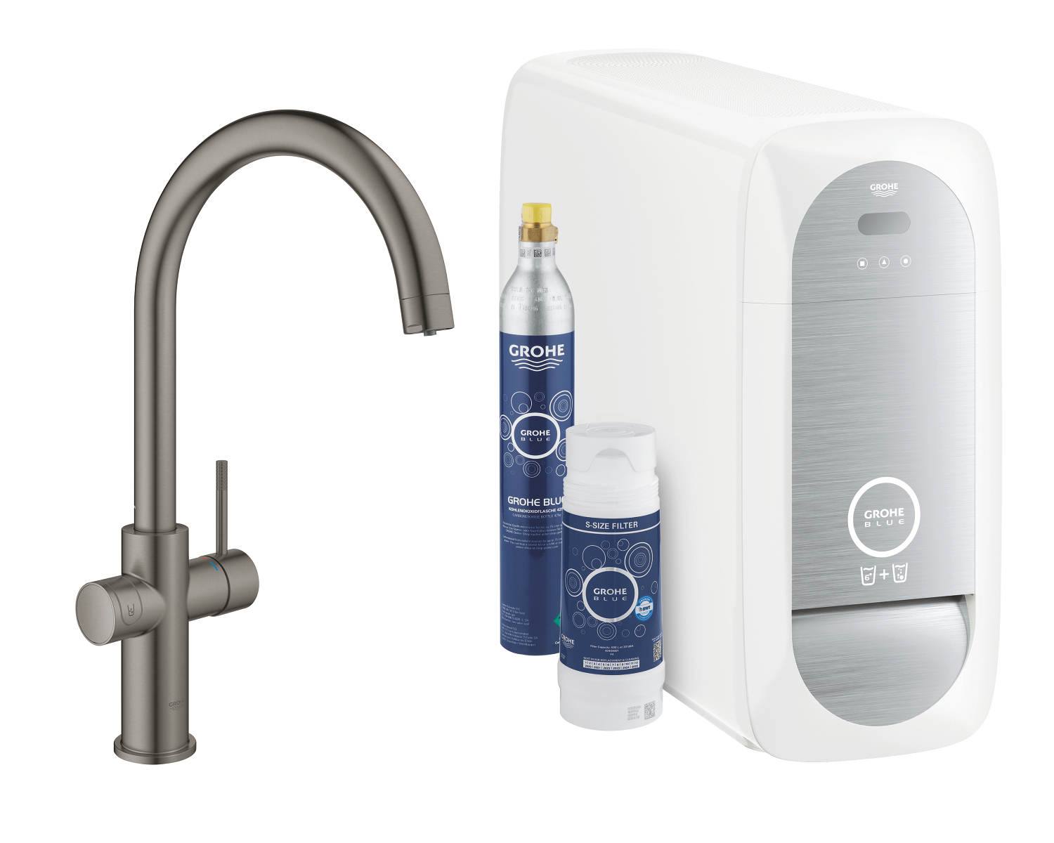 Grohe Baterie bucatarie grohe blue home 31455al1, 3/8'', tip c, inalta, filtare, racire, apa carbogazoasa, mat, grafit