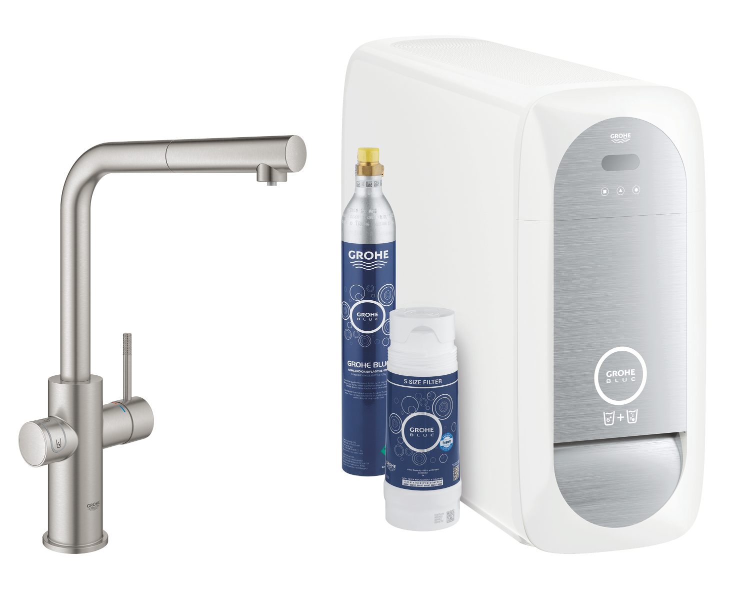 Grohe Baterie de bucatarie grohe blue home, inalta, tip l, filtrare, racire, apa carbogazoasa, dus, mat, otel satinat, 31539dc0
