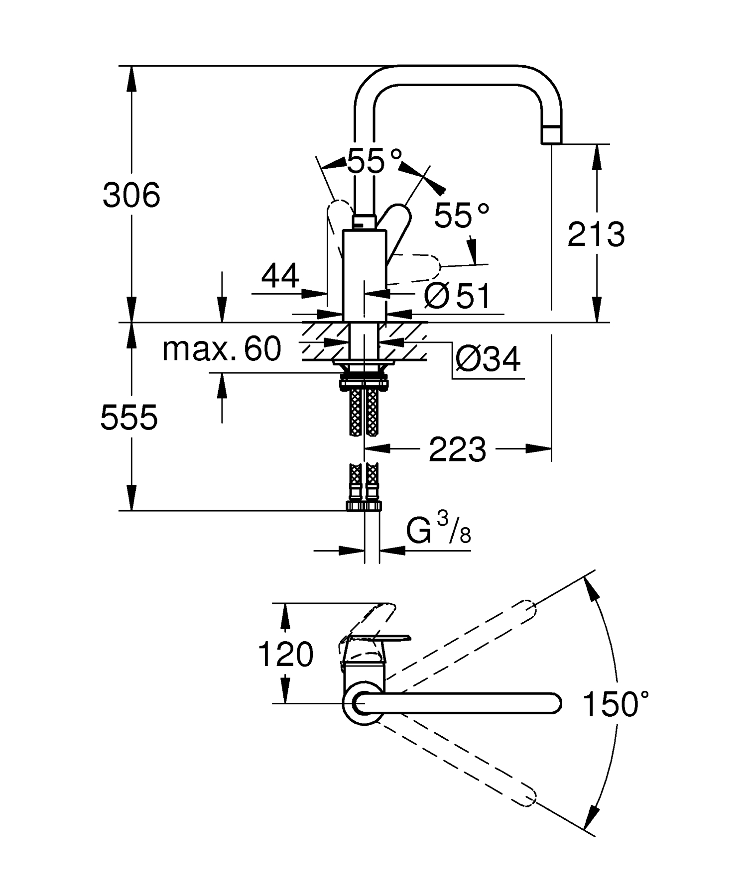 Baterie de bucatarie Grohe 32259003, 1 bar, 306 mm, 223 mm, 1 orificii instalare, 1 sprayuri, 150 unghi pivotare, Crom