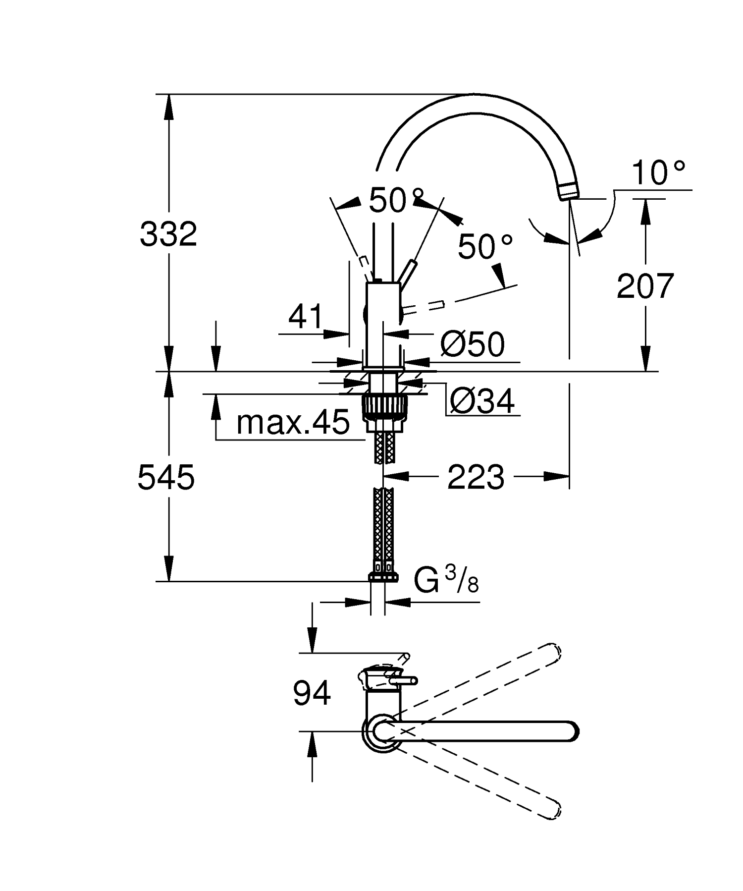 Baterie de bucatarie Grohe 31553001, 1 bar, 332 mm, 223 mm, 1 orificii instalare, 1 sprayuri, 360 unghi pivotare, Crom