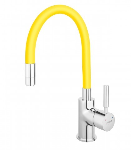 Ferro Baterie de bucatarie zumba bza4c, 3/8'', tip c, pipa inalta, pivotanta, cauciuc profesional, cartus ceramic, galben / crom