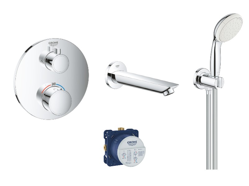 Grohe Baterie de cada grohe grohtherm 24076000, 1/2'', incastrat, termostat, 170 mm, 1.5 m, 2 pulverizari, anti-calcar, crom