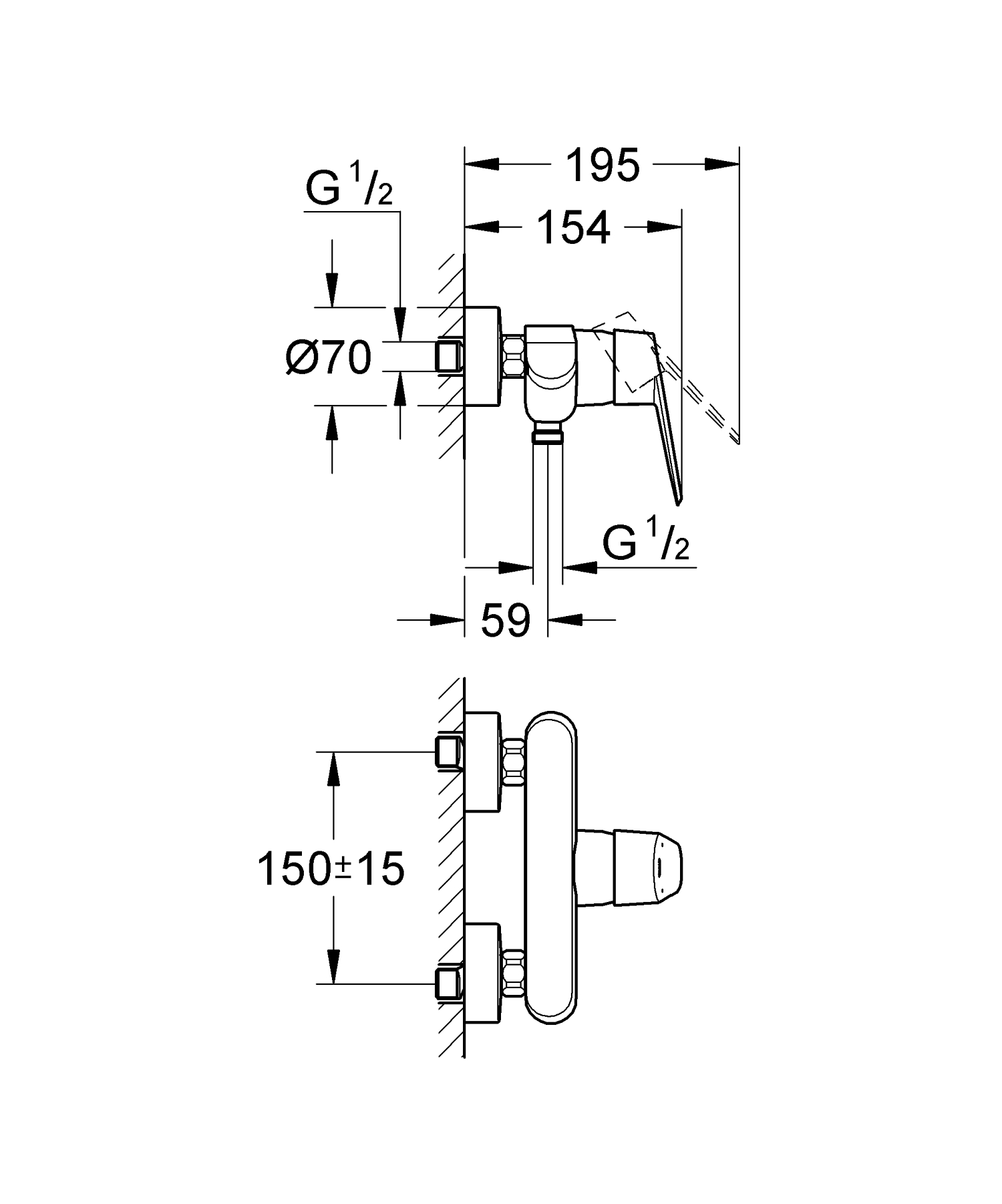 Baterie de dus Grohe 33569002, 1 bar, 172 mm, 154 mm, 2 orificii instalare, 1/2 dimensiune racord furtun, Crom