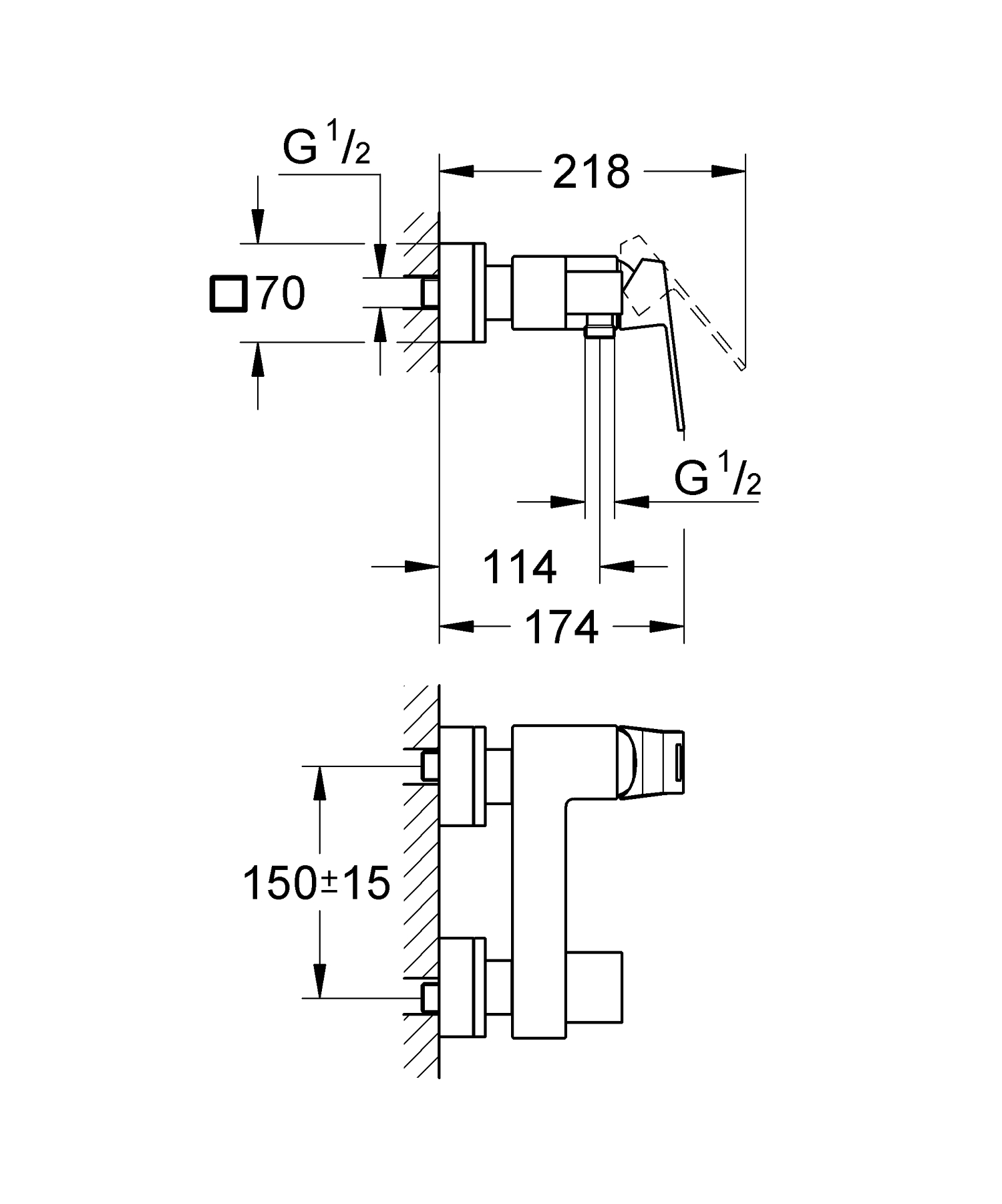 Baterie dus Grohe 23145000, 1 bar, 222 mm, 114 mm, 2 orificii instalare, 1/2 dimensiune racord furtun, Crom