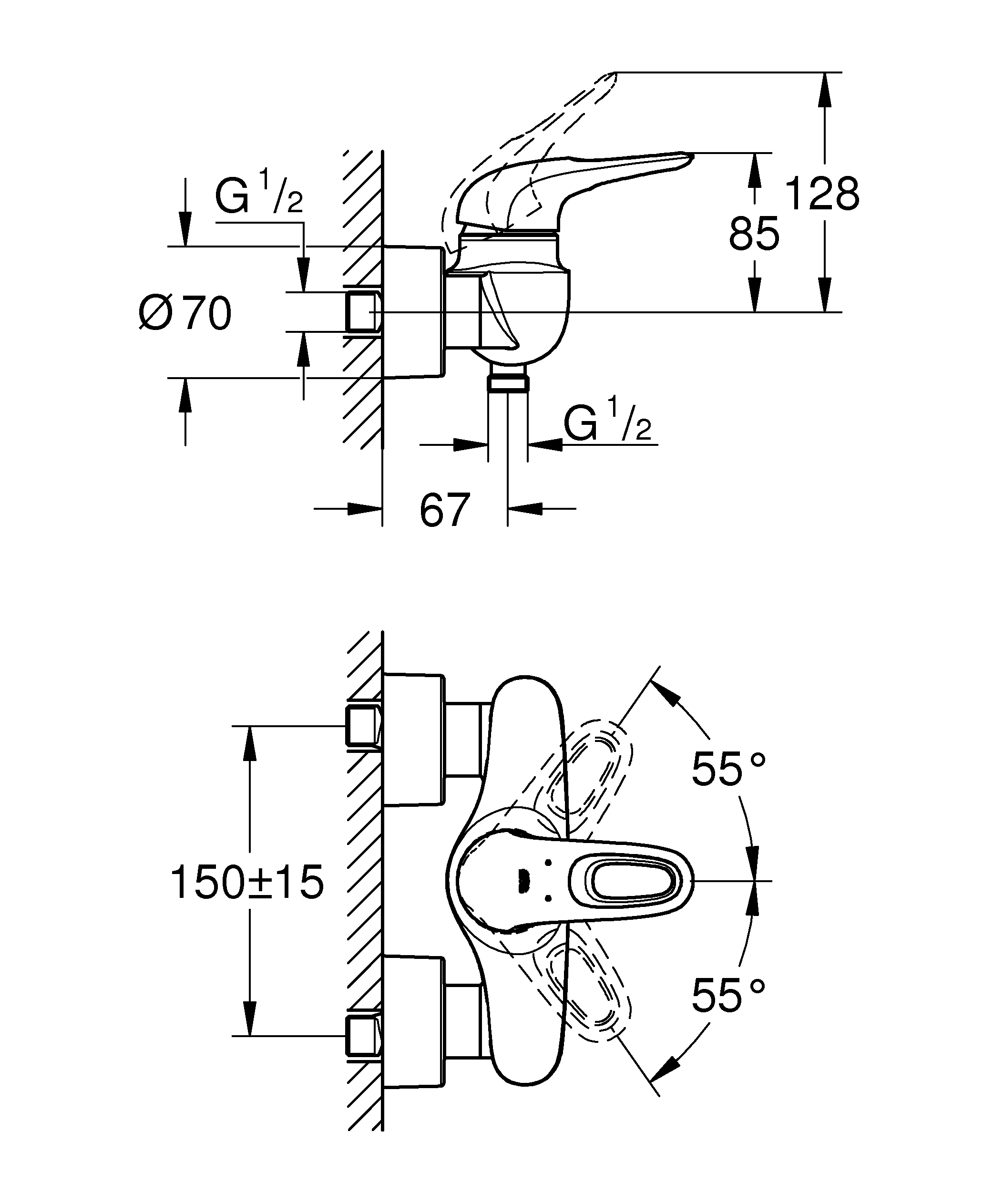 Baterie dus Grohe 33590003, 1 bar, 212 mm, 82 mm, 2 orificii instalare, 1/2 dimensiune racord furtun, Crom