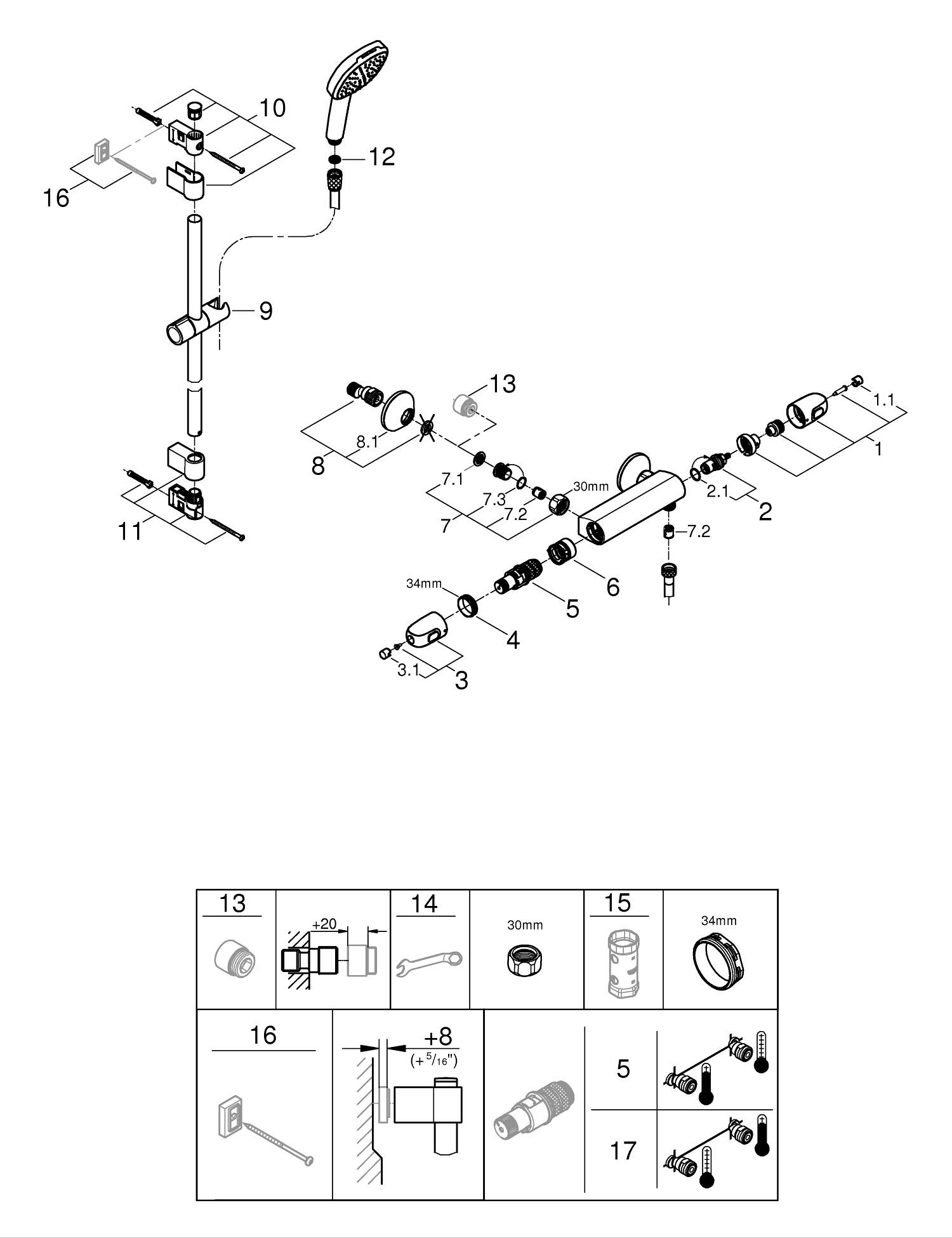 Set baterie dus Grohe 34820005, Baterie dus Grohtherm 1000, tip incast