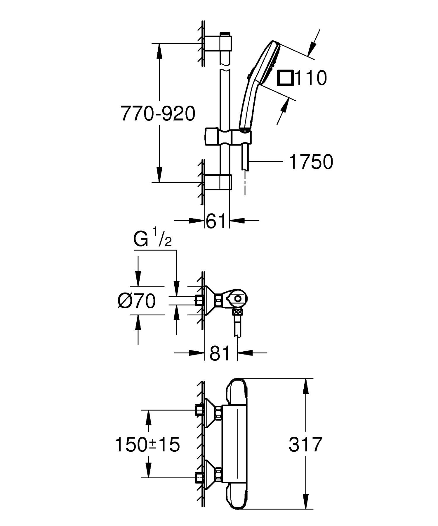 Baterie dus Grohe 34824005, 0.8 bar, 80 mm, 317 mm, 110 mm, 1.75 m, 900 mm, 2 orificii instalare, Crom
