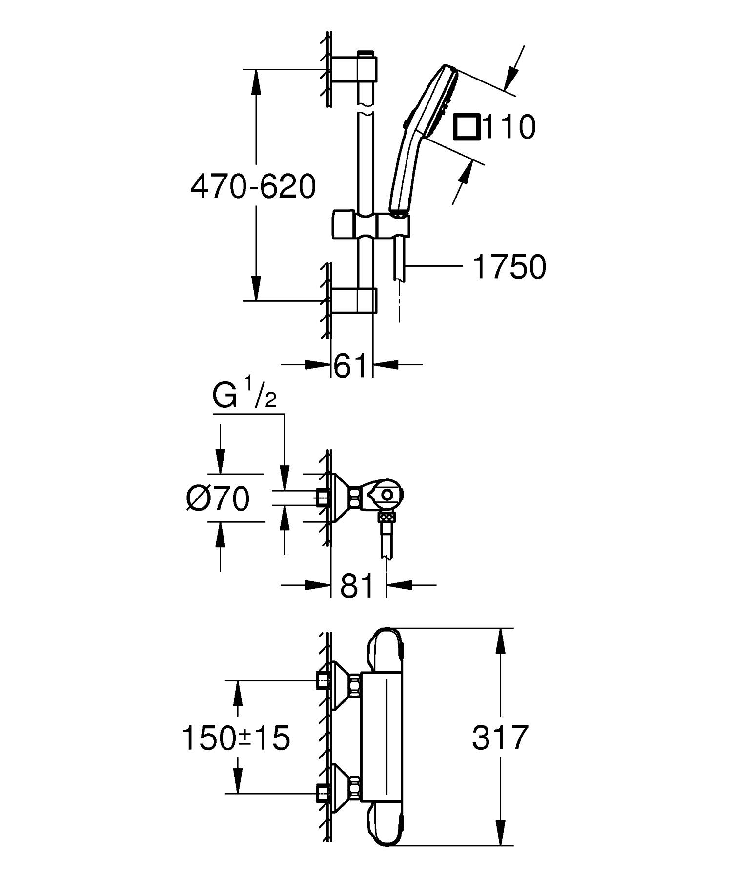 Baterie dus Grohe 34825002, Grohtherm 1000, tip incastrare aparent, ti