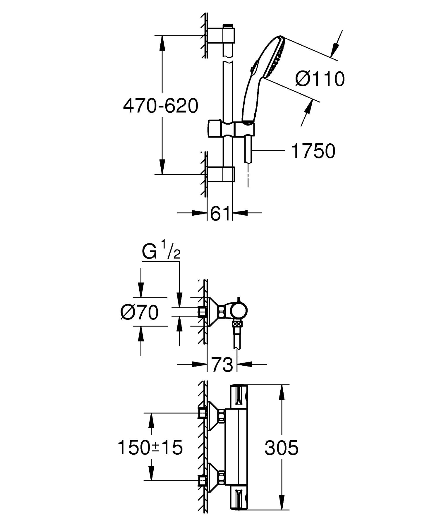 Baterie dus Grohe 34565002, 0.8 bar, 73 mm, 305 mm, 110 mm, 1.5 m, 600 mm, 2 orificii instalare, Crom