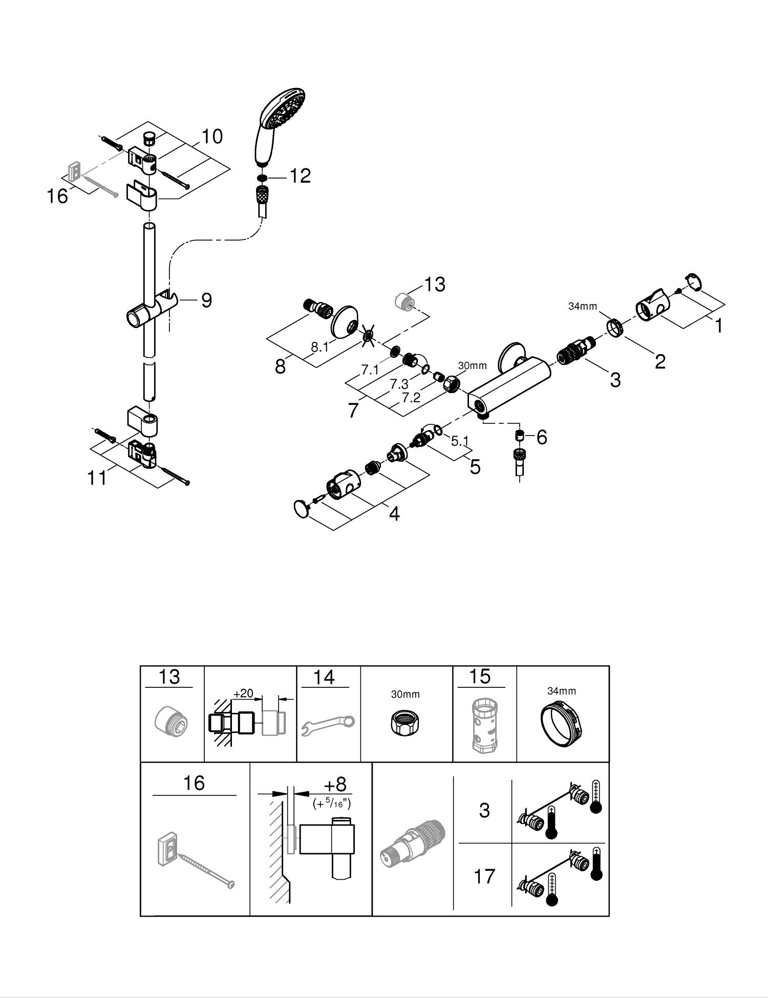 Baterie dus Grohe 34565002, 0.8 bar, 73 mm, 305 mm, 110 mm, 1.5 m, 600 mm, 2 orificii instalare, Crom