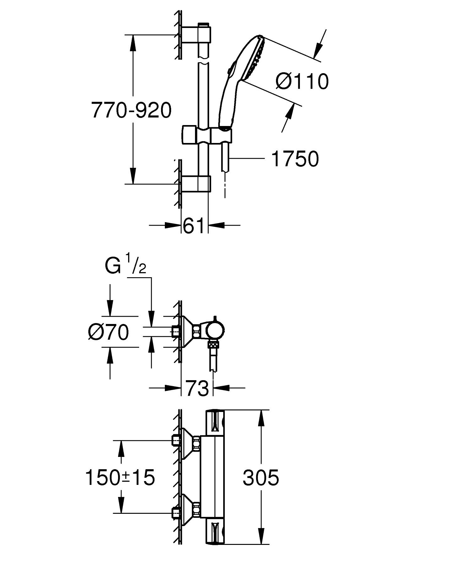 Baterie dus Grohe 34566002, 0.8 bar, 73 mm, 305 mm, 110 mm, 1.5 m, 900 mm, 2 orificii instalare, Crom