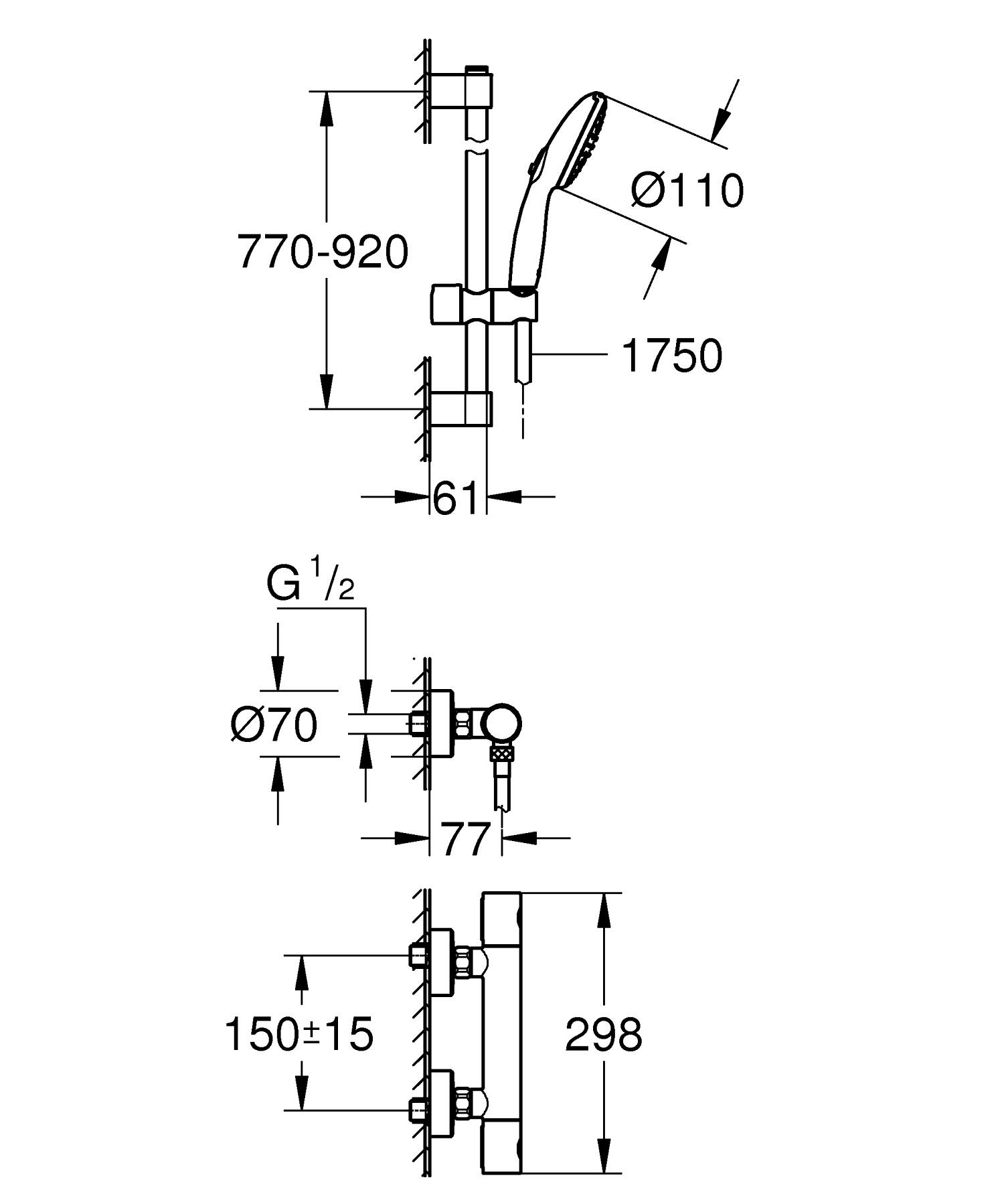 Baterie dus Grohe 34769001, 0.7 bar, 77 mm, 298 mm, 110 mm, 1.6 m, 900 mm, 2 orificii instalare, Crom
