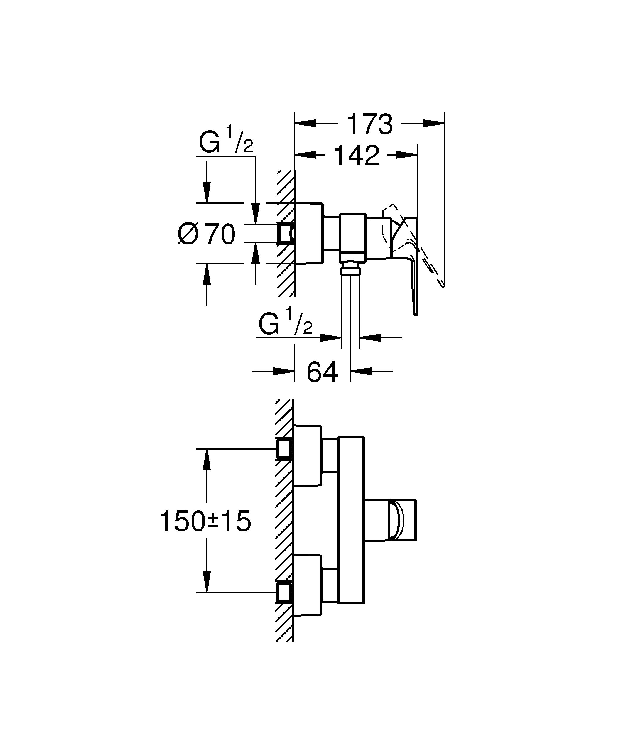 Baterie dus Grohe 33865001, 1 bar, 210 mm, 142 mm, 2 orificii instalare, 1/2 dimensiune racord furtun, Crom