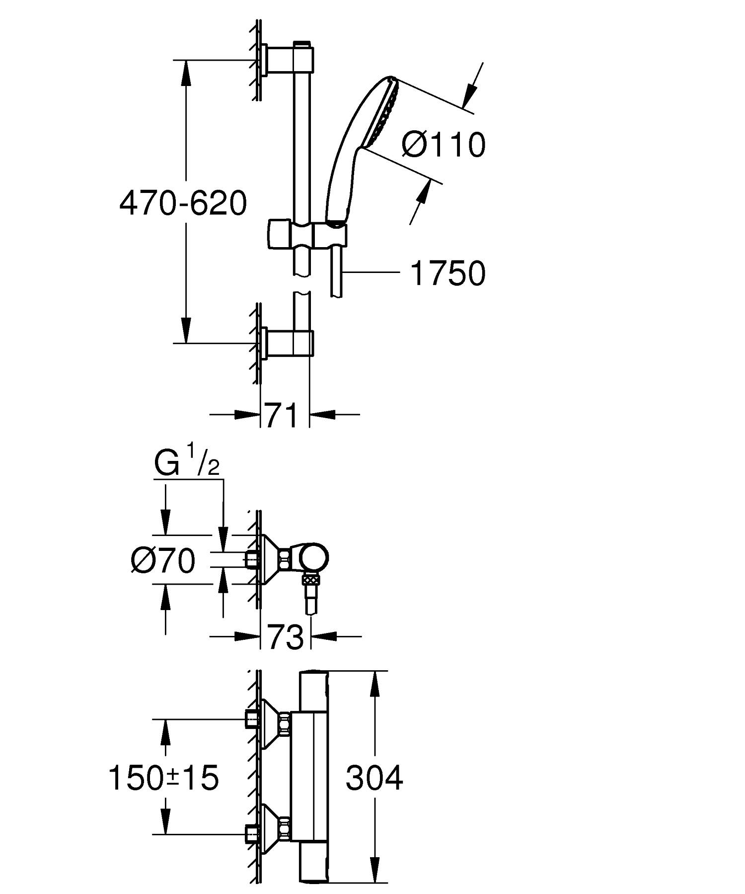 Baterie dus Grohe 34597001, 0.8 bar, 73 mm, 305 mm, 110 mm, 1.5 m, 600 mm, 2 orificii instalare, Crom
