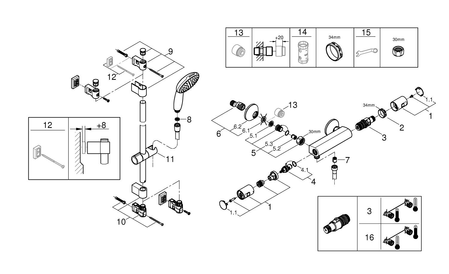 Baterie dus Grohe 34597001, 0.8 bar, 73 mm, 305 mm, 110 mm, 1.5 m, 600 mm, 2 orificii instalare, Crom